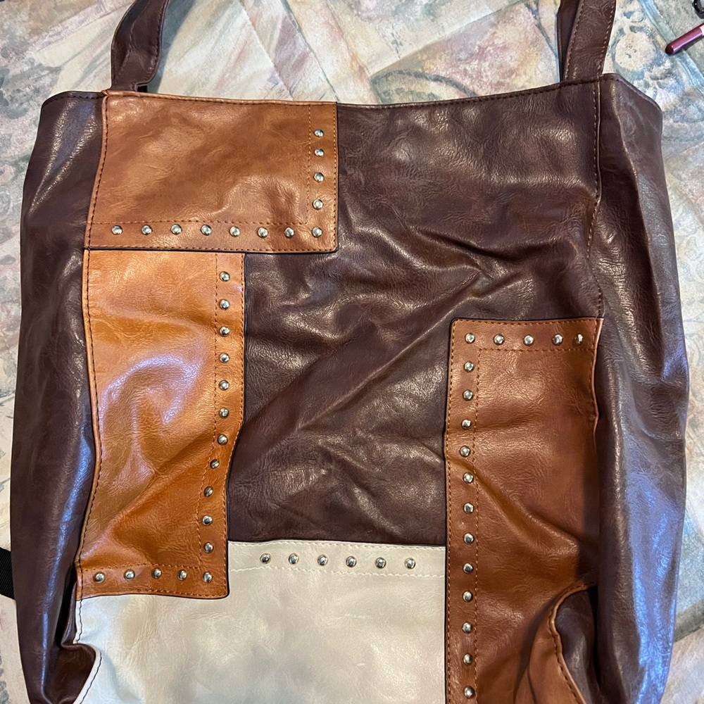 Patchwork Leather Tote in Brown and Tan